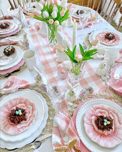 Pink and white themed Easter tablescape with a pink gingham table runner, pink and white layered dinnerware, pink and white tulips and small bunnies scattered around the table. Teen Boy Easter Basket, Easter Basket Centerpiece, Easter Brunch Tablescape, Easter Table Centerpieces, Easter Dinner Table, Easter Entertaining, Farmhouse Easter Decor, Spring Table Decor, Easter Monday