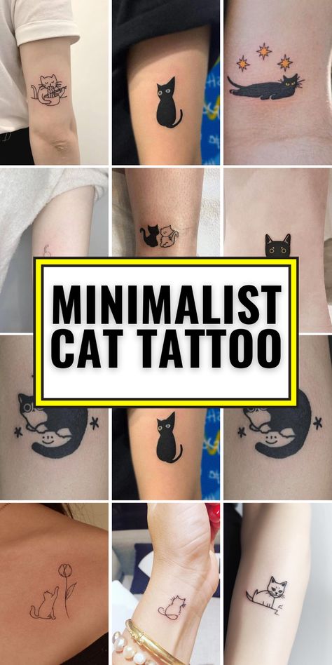 Minimalist Cat Tattoo Designs: Simple and Small Ideas for Men and Women Who Love Felines Mini Cat Tattoo Ideas, Cat Tattoo Memorial Simple, Astrology Cat Tattoo, Small Cat Finger Tattoo, Cat Tattoo Small Simple Outline, Simple Kitty Tattoo, Cat Tattoo Placement Ideas, Bff Cat Tattoos, Kitten Memorial Tattoo