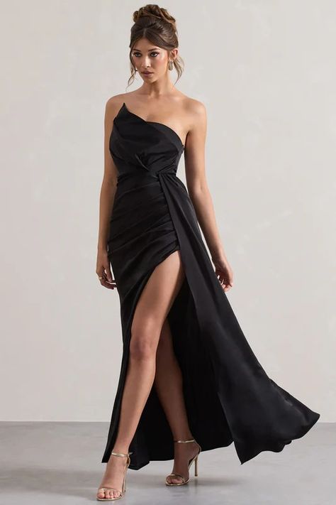 Occasion Black-Tie Dresses & Evening Outfits – Club L London - USA Midi Bridesmaid Dress, Hollywood Dress, Drape Maxi Dress, Club L London, Sleek Bun, Black Hollywood, Asymmetric Neckline, Draped Skirt, Strapless Maxi