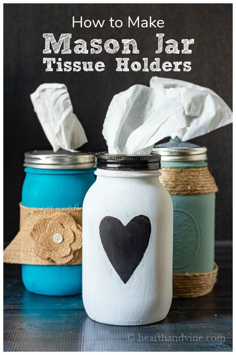 Mason Jar Tissue Holders, Easy Mason Jar Crafts Diy, Easy Mason Jar Crafts, Mason Jar Gifts Diy, Mason Jar Holder, Mason Jar Christmas Gifts, Mason Jar Projects, Diy Mason Jar, Glass Craft