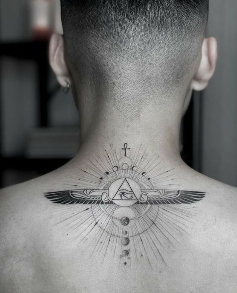 Egyptian Inspiring Tattoo Ideas Man 3rd Eye Tattoo, Back Of Neck Tattoo Men, Back Tattoos For Guys Upper, Back Neck Tattoo, Small Back Tattoos, Back Of Neck Tattoo, Back Of Shoulder Tattoo, Neck Tattoo For Guys, Back Tattoos For Guys