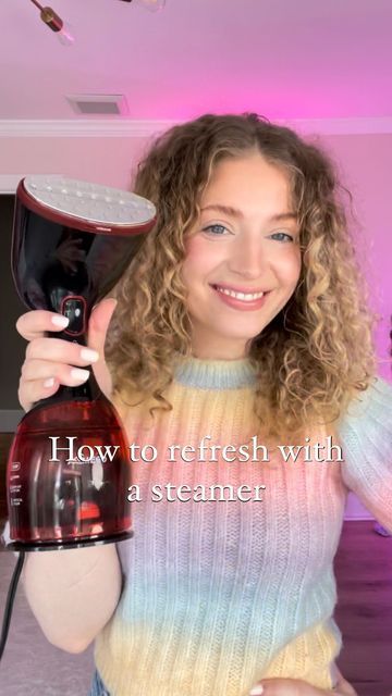 Barbara DelleMonache - CurlVitality on Instagram: "How I refresh my curly hair using just a clothing steamer. This curly hair refresh truly works like a charm, because water is MOISTURE! 💦 The best way to moisturize your hair is by… adding moisture! The clothing steamer gives you the smallest amount of moisture without wetting your hair down. Of course, make sure your steamer isn’t super hot! My steamer only goes up to 80 degrees or so, so it’s just a touch of gentle heat! #curlyhairrefre Hair Steamers For Natural Hair, Conair Steamer, Curly Hair Refresh, Curl Refresh, Hair Refresh, Clothing Steamer, Hair Steamer, Hair Steaming, Face Steamer