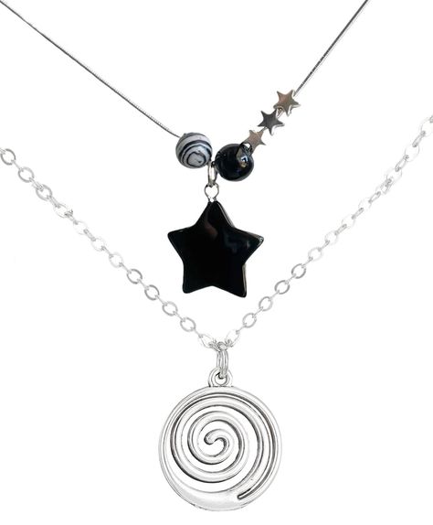 PRICES MAY VARY. Unique Design: The star means hope of life, the spiral represents peace, tranquility and new beginnings, these star pendant necklace and spiral necklace are meaningful jewelry for women. Material:Star necklace: stainless steel chain, alloy and stone star. Swirl necklace: alloy. sturdy and durable, can be used for a long time. Beach Punk Necklace Set: Package includes 1x dot star necklace (50 + 5cm/ 19.68 + 1.97inch) and 1x swirl necklace (50cm/ 19.68inch). Wearing occassion : Th Grunge Style Jewelry, Y2k Necklace Png, Yk2 Necklace, Acubi Necklaces, Goth Beaded Necklace, Spiral Outfit, Aesthetic Necklace Simple, Friendship Necklaces For 2, 2000s Necklace