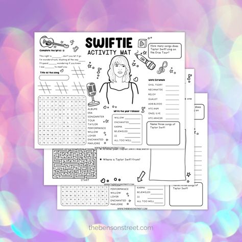 FREE PRINTABLE Taylor Swift Activity Mats for Swiftie Fun Taylor Swift Activity Sheet, Taylor Swift Activity Pages, Taylor Swift Themed Party Games, Taylor Swift Birthday Games, Taylor Swift Crafts For Kids, Taylor Swift Crafts Ideas, Taylor Swift Party Games, Taylor Swift Activities, Taylor Swift Club