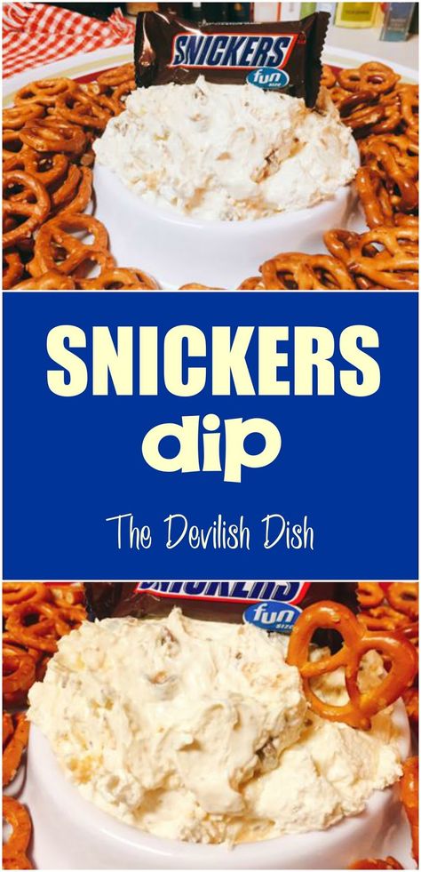 Snicker Dip Recipe, Trivia Snack Ideas, Sweet Tailgate Treats, Trivia Food Snacks, Sweet Dip For Pretzels, Pretzels And Dip, Easy Snacks For Seniors, Pretzel Dip Recipes Sweet, Snickers Dip Recipe