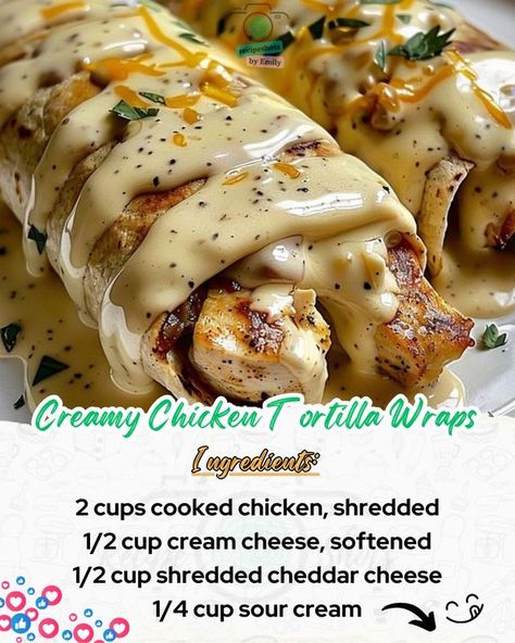 Creamy Chicken Tortilla Wraps, Chicken Tortilla Wraps, Health Chicken Recipes, Chicken Shredded, Cheesy Sauce, Pumpkin Bread Recipe, Cooked Chicken, Tortilla Wraps, Chicken Tortilla