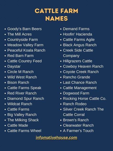 Creative Ranch & Cattle Farm Names Ideas Names For Farms, Farm Names Unique, Farm Names Ideas, Farm Names, Ranch Names, Cattle Corrals, Donkey Farm, Unique Business Names, Cattle Farm