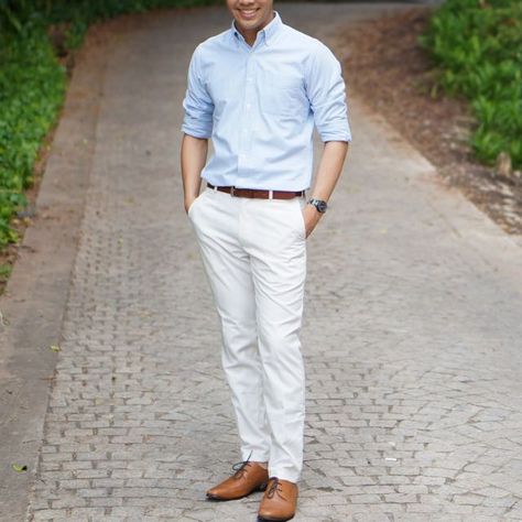 Light Blue Oxford Shirt Outfit Men, Fashion Tricks, Easter 2024, Guy Style, Smart Casual Wear, Cream Pants, 2024 Color, Lehenga Designs, Spring Colors