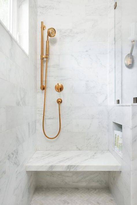 Niche over marble shower bench Shower Tile Easy To Clean, Modern Farmhouse Master Bath, Farmhouse Master Bath, Master Bath Renovation, Dream Farmhouse, Marble Showers, Bath Renovation, Suite Bathroom, Inspiration Images