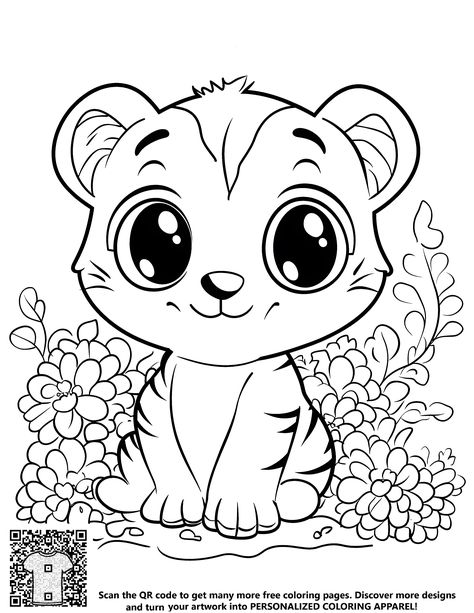 Cute animal coloring page with flowers, ideal for kids' coloring fun. Tiger Coloring, Animal Fun, Free Coloring Sheets, Detailed Coloring Pages, Baby Tiger, Animal Designs, Printable Coloring Book, Animal Coloring, Kids Coloring