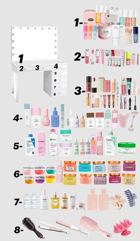 This took so long!!!! Dream vanity!💖🌊🤍 Vanity Essentials List, My Dream Vanity, What To Put In Your Vanity, Skin Care Vanity, Vanity Products, Girly Products, Vanity Essentials, Vanity Inspo, Dream Vanity