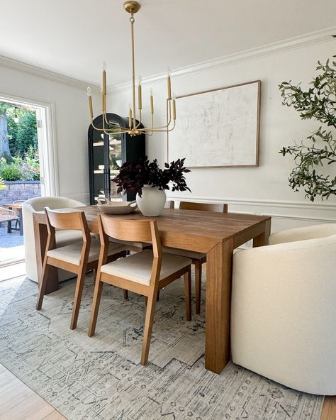 Timeless + Organic 🤍 . Embrace the cozy and inviting spirit of fall with our Modern Pecan Dining Table and Chairs. The rich pecan wood and cream upholstery create a stunning setting for gathering with friends and family. Click the link in our bio to explore our full range of solid wood dining sets! . @meggieferrerhome #plankandbeam #diningchairs #diningset #diningroominspo #kitchendesign #minimalisthome #moderndiningroom Mcgee And Co Dining Room, Mcgee And Co Dining, Cherry Wood Table, Cherry Dining Table, Mcgee And Co, Pecan Wood, Dining Table And Chairs, Dining Room Style, Solid Wood Dining Set