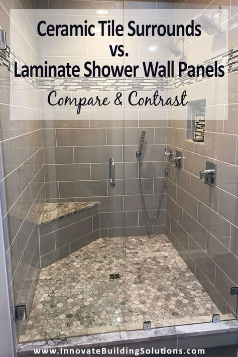 In this article we’ll compare the advantages of laminate wall panels vs. a tile shower and vice versa. You don’t want to miss out on this! | Innovate Building Solutions | Laminate Wall Panels | How to clean tile | Cleaning Grout Lines | Alternatives to Tile | #TileShower #GroutLines #CleaningTile #LaminateWallPanels Bilik Air Kecil, Laminate Wall Panels, Tub To Shower Conversion, Shower Conversion, Shower Wall Tile, Bathroom Shower Walls, Bathroom Wall Panels, Bilik Mandi, Shower Wall Panels