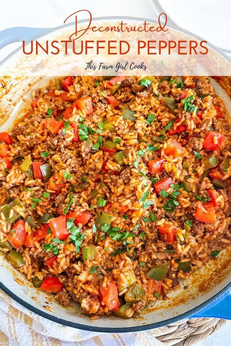 One Pan Stuffed Peppers, Dinners With Red Peppers, Ground Chicken And Bell Pepper Recipes, Cooked Bell Pepper Recipes, Stuffed Bell Peppers With Ground Turkey And Rice, Unstuffed Bell Pepper Recipes, Stuffed Bell Peppers Deconstructed, Ground Beef With Peppers Recipes, Bell Pepper And Beef Recipes