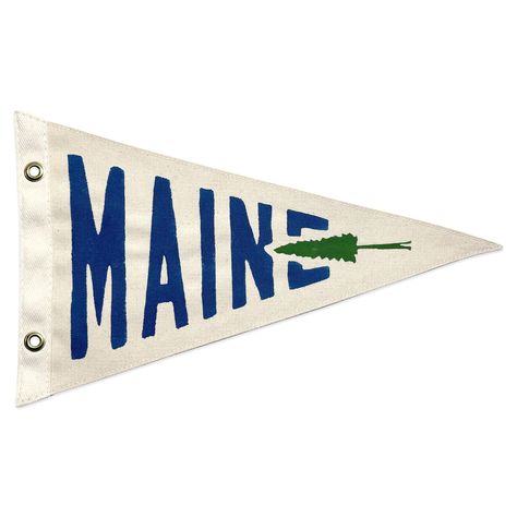 "This hand-made Maine pennant uses 8oz natural duck canvas. Artwork is hand-painted with quality ocean blue and forest green acrylic paint. Materials: Each flag is hand-sewn with durable polyester thread, twill tape, solid brass grommets, and stamped with Wild Northland branding. Keep in mind, every pennant is unique--slight imperfections truly make each creation one-of-a-kind. Size: give or take, 18\" x 9\"" Flag Pennant Banner, Coastal Graphics, Camp Nursery, Nantucket House, Paint Materials, Maine Flag, Maine Decor, Camping Vintage, Pennant Flags