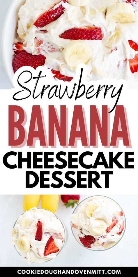 Savor the refreshing blend of strawberry and banana in this light, creamy Strawberry Banana Cheesecake Salad, the perfect treat for hot summer days. This delightful salad, boasting a hint of cheesecake flavor, is great for picnics, potlucks or just as a fun dessert for the grandkids. Serve it in elegant parfait glasses to add a dash of sophistication to any occasion. Banana Cheesecake Parfait, Strawberry Banana Cheesecake Dessert, Hot Day Dessert Ideas, Fruit Whipped Cream Desserts, Cool Whip Desserts With Fruit, Strawberry Banana Cheesecake Pudding Recipes, Banana Strawberry Cheesecake, Strawberry And Banana Dessert, Strawberry Cheesecake Banana Pudding