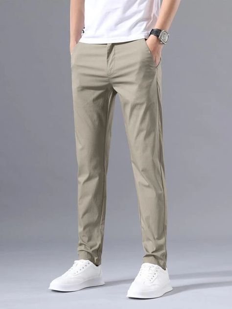 Men Solid Slant Pocket Tapered Pants | SHEIN USA Mens Suit Pants, Trousers Outfit Men, Khaki Pants Outfit, Formal Men, Pants Outfit Men, Casual Pants Style, Summer Trousers, Trouser Outfits, Mens Casual Dress Outfits