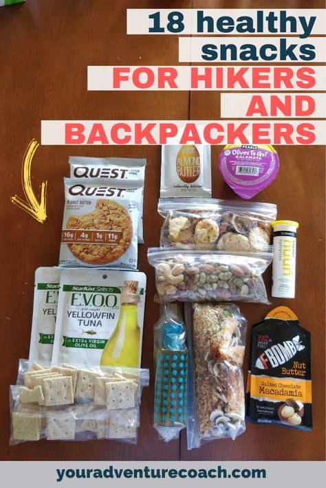 Have you ever actually read the list of ingredients in many common hiking and backpacking snacks? Or checked how many grams of sugar is in each thing you eat throughout the day? Wowza! Many typical hiking snacks are loaded with overly processed ingredients, or have lots of added sugar, or both! Check out this master list of healthy hiking snacks if you're ready to upgrade your old granola bars and candy. Healthy Backpacking Snacks, Backpacking Snacks Hiking, Hiking Dinner Ideas, Healthy Backpacking Meals, Healthy Hiking Food, Day Hike Snacks, Best Hiking Snacks, Hiking Snacks Ideas, Hiking Snacks Healthy