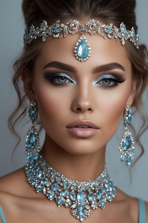 Light Blue Wedding Makeup, Night Prom Makeup, Sky Blue Dress Makeup, Blue Bridal Makeup, Makeup For Light Blue Dress, Blue Dress Makeup Ideas, Light Blue Prom Makeup, Blue Prom Makeup, Cinderella Makeup