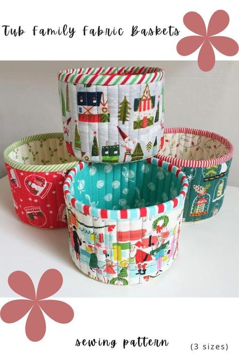 Tub FamilyFabric Baskets sewing pattern (3 sizes). These useful storage tubs and quilted fabric baskets to sew are perfect for organizing your workspace, desk, or dressing table. They come in three different sizes, which nest together beautifully. This is a great way to use up all your scraps and is incredibly fun to make. They make the perfect last-minute gifts for friends and family. SewModernBags Basket Sewing Pattern, Nesting Baskets, Baskets Storage, Fabric Bowls, Quilting Rulers, Quilted Fabric, Halloween Fabric, Pretty Fabric, Fabric Bins