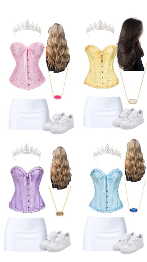 Princesses 🩷Aurora 💛belle 💙Cinderella 💜rapunzel Fall Outfits Office, Rapunzel Halloween Costume, Dorothy Halloween Costume, Princess Aurora Costume, Rapunzel Outfit, Easy Halloween Outfit, Disney Princess Halloween Costumes, Cinderella Halloween Costume, Autumn Outfits Aesthetic