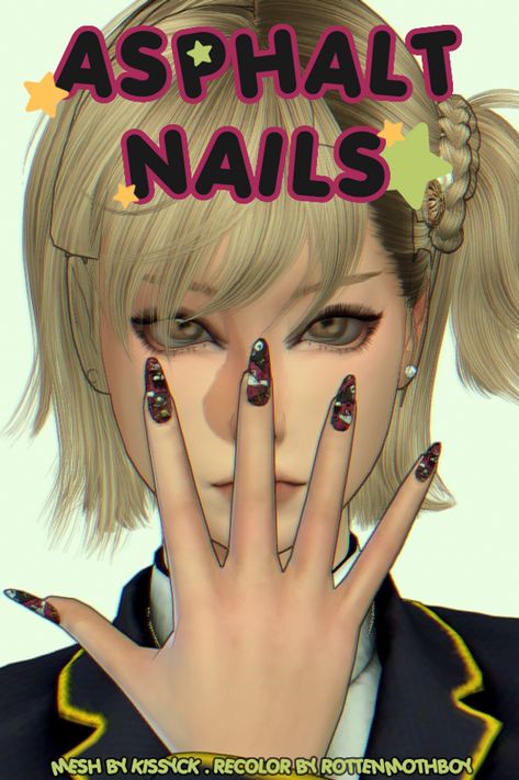 [ROTTENMOTHBOY] ASPHALT NAILS | RottenMothBoy on Patreon Sims 4 Big Hair, Sims 4 Nails, Pelo Sims, Sims 4 Cc Makeup, Sims 4 Game Mods, Sims 4 Body Mods, Tumblr Sims 4, Free Sims, Sims 4 Cc Folder