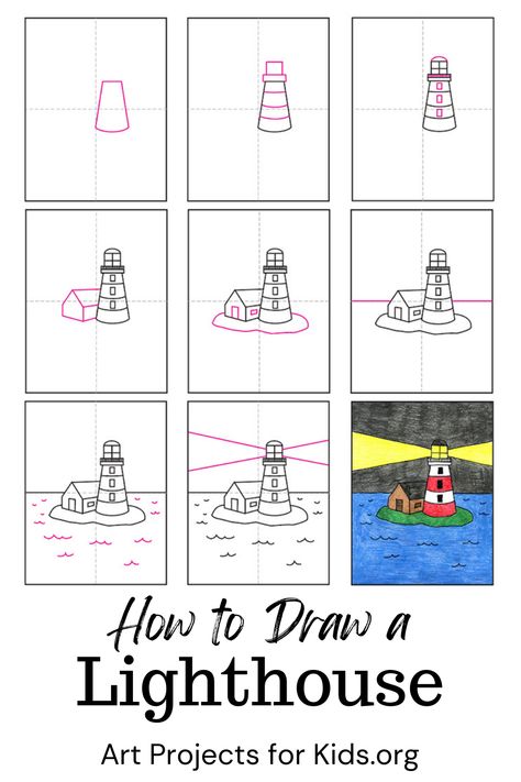 Inside you'll find an easy step-by-step How to Draw a Lighthouse Tutorial. Stop by and download yours for free. #howtodraw #artprojectsforkids #lighthouse How To Draw Lighthouse, Lighthouse Art For Kids, How To Draw A Lighthouse, Lighthouse Drawing Simple, Draw A Lighthouse, Lighthouse Craft, Lighthouse Drawing, Boat Drawing, Art Therapy Projects