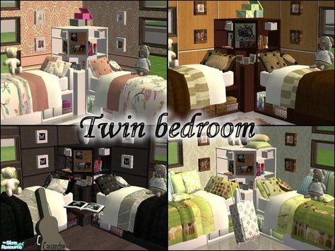 kibanahnah's Twin bedroom superset Twins Bedroom, Sims 4 Bedroom, Sims 4 Game Mods, Brown Bed, Children's Bedrooms, Twin Bedroom, Brown Cushions, Twins Room, Pink Cushions