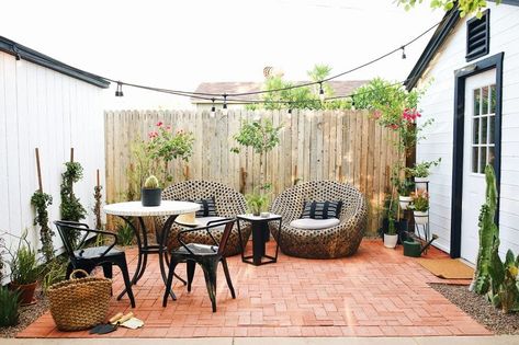 9 Home Improvement Projects That Are (Literally) Worth It | Havenly Blog |  Havenly Interior Design Blog Patio Layout Ideas, Small Patio Spaces, Herringbone Brick, Small Patios, Shed Makeover, Mum Ideas, Patio Layout, Pergola Ideas, Modern Pergola