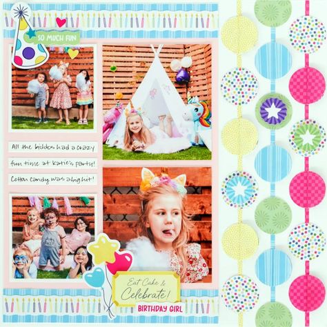 Put A Pep In Your Party Step With This Birthday Themed Scrapbook Layout Birthday Scrapbook Layouts, Diy Garlands, Tissue Pom Poms, Scrapbook Borders, Creative Memories Scrapbooking, Birthday Scrapbook, Purple Gift, Memory Scrapbook, Baby Album