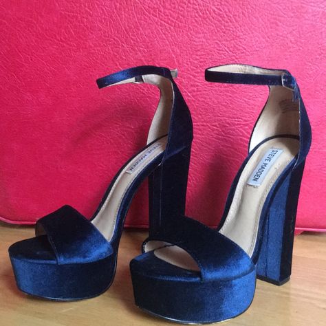 Steve Madden Shoes | Blue Platform Heels : Gonzo V Sandal | Color: Blue | Size: 8 Dark Blue Platform Heels, Navy Blue Prom Shoes, Navy Blue Platform Heels, Dark Blue Chunky Heels, Navy Blue Heels Prom, Navy Platform Heels, Dark Blue Heels Aesthetic, Blue Suede Platform Heels, Blue Heels Aesthetic