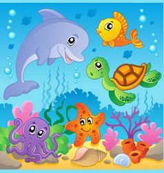 Coral reef theme image 5 Royalty Free Vector Image Dolphin Cartoon, Under The Sea Background, Cartoon Sea Animals, School Wall Art, Underwater Animals, Cartoon Fish, Deco Stickers, Sea Theme, Cute Cartoon Animals