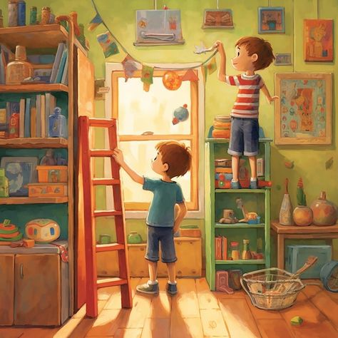 Book illustration of two children decorating a colorful room Bedroom Illustration, Colorful Room, Story Books Illustrations, Picture Books Illustration, Book Illustration Art, Children Book, Animation Reference, Creative Artwork, Procreate Brushes