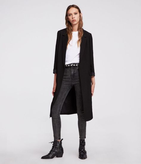 Womens Aleida Duster Coat (black) - Image 1 Allsaints Style, Duster Outfit, Black Duster Coat, Black Duster, Black Image, Oversized Denim Jacket, Checked Blazer, Coat Black, Winter 2023