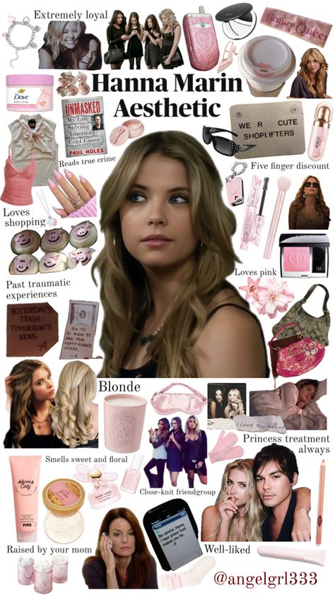 Mood board for pretty little liars character, Hanna Marin Hanna Marin Aesthetic, Hanna Pll, Pretty Little Liars Hanna, Pretty Little Liars Outfits, Girly Movies, Hanna Marin, Aesthetic Pretty, Cold Case, School Motivation