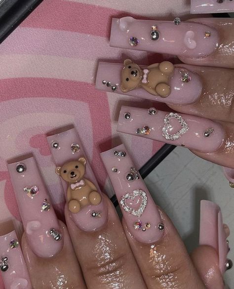 Nails With Teddy Bear Charms, Teddy Bear Nails, Bear Nails, Baby Shower Nails, Lux Nails, Bears Nails, Cute Acrylic Nail Designs, Crazy Nails, Really Cute Nails