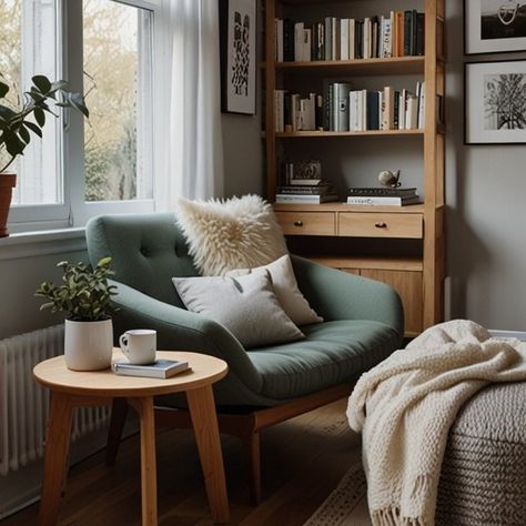 Serenity meets simplicity with this Japandi-inspired reading nook, designed for pure relaxation. A cozy chair, white linen curtains, and a soft cushion for extra comfort. A throw blanket and natural wood accents make it the perfect escape. Tip 1: Use neutral colors and natural materials like wood and linen to create a calm atmosphere. Tip 2: Place a small wooden table next to your chair for your favorite books and a cup of tea. Tip 3 : Add a woven rug or cushion for texture and warmth witho... Small Wooden Table, Natural Wood Accents, White Linen Curtains, Calm Atmosphere, Zen Interiors, Japandi Decor, Cozy Chair, Chair White, A Cup Of Tea