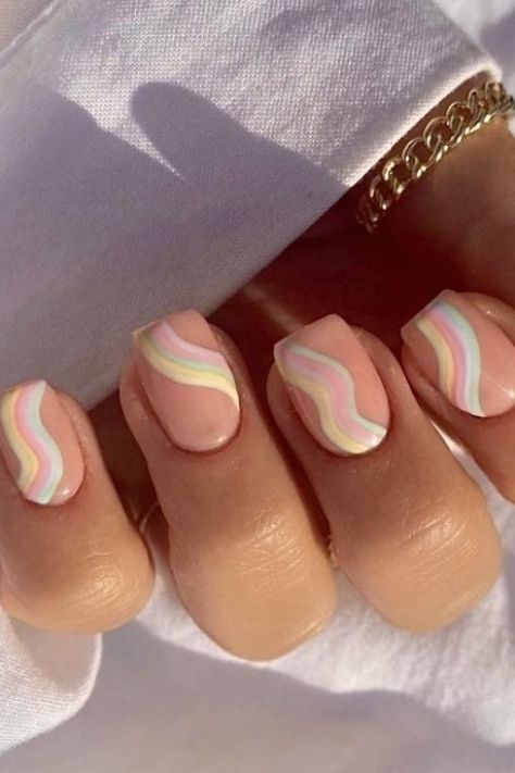 summer nails, pastel nails, wavy nail art, stylish nails, summer nail design, rainbow nails, short nails #nailideas #nailartideas #naildesign Pastel Nails Designs, Cute Simple Nails, Simple Gel Nails, Summery Nails, Short Square Acrylic Nails, Cute Gel Nails, Short Nail, Nagel Inspo, Short Acrylic Nails Designs