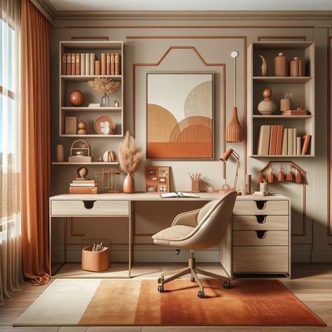 Terracotta Office, Terracotta Interior, Purple Accent Chair, Beige And Terracotta, Beige Office, Beige Room, Office Aesthetic, Trending Colors, Green Curtains