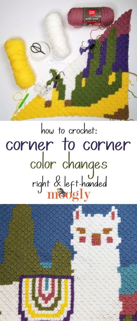 Get the best methods and tips for changing colors in Corner to Corner or C2C crochet on Moogly, in both right and left-handed video tutorials! Make any image with ease with these special techniques!  #crochet #cornertocorner #c2c #mooglyblog #graphgans #pixel #yarnspirations #redheartyarns Crochet Corner To Corner, Change Colors In Crochet, Left Handed Crochet, Crochet C2c Pattern, C2c Crochet Pattern Free, C2c Crochet Blanket, Corner Crochet, Corner To Corner Crochet, Crochet Abbreviations