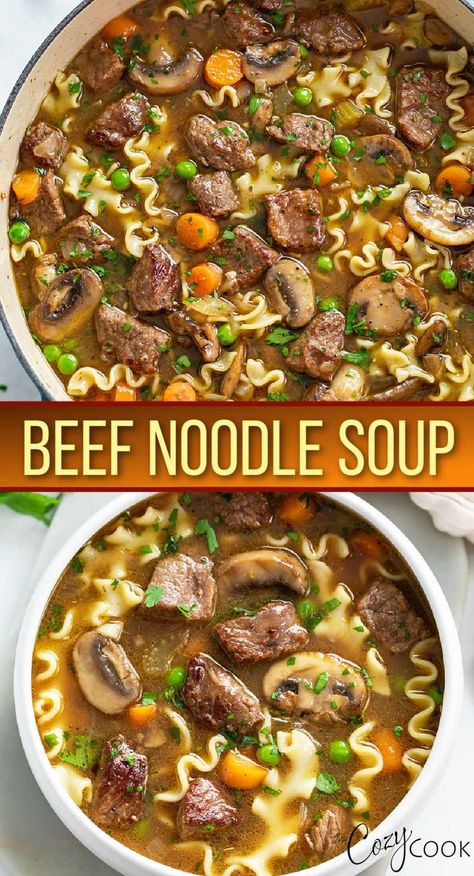 Beef Noodle Soup with chunks of beef, mushrooms, noodles, and vegetables Cozy Cook, Winter Foods, Cozy Soup, Beef Soup Recipes, Beef Noodle Soup, Homemade Soup Recipe, Hearty Soup, Salad Pasta, Cook Recipes