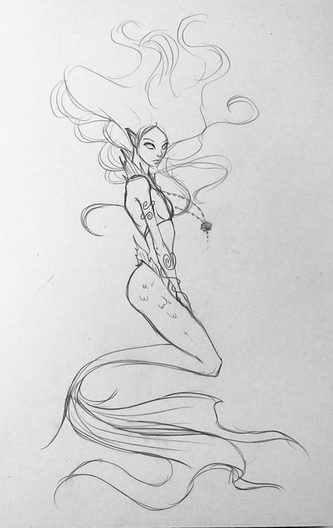 Mermaid Art Sketch, Siren Aesthetic Drawing, Drawing Mystical Creatures, Magical Creatures Sketch, Mermaid Hair Drawing Reference, Mermaid Reaching Up, Water Goddess Drawing, Scary Mermaid Drawing, Siren Art Reference