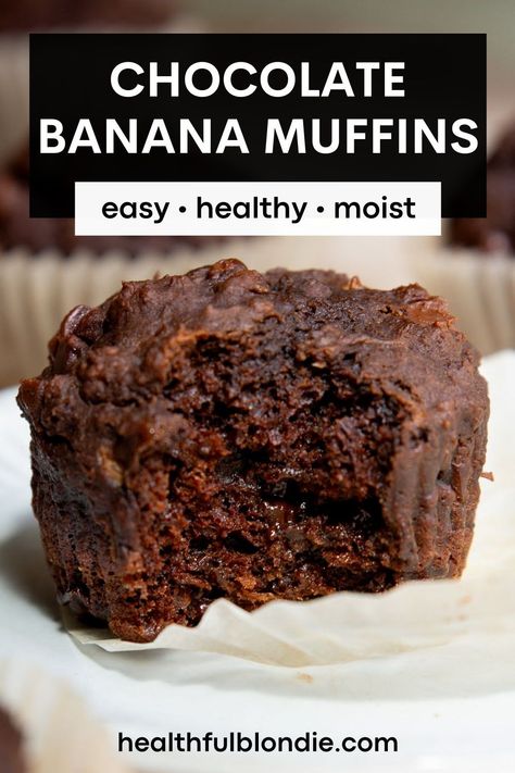 This delicious banana chocolate muffin recipe with chocolate chips might taste like a dessert, but is actually healthy! The muffins are made with wholesome ingredients, without butter, and are naturally sweetened. An easy, low-sugar, freezer-friendly banana muffin recipe for chocolate lovers. Perfect for snacks or breakfast! Sugarless Banana Muffins, Low Calorie Chocolate Muffins, Low Cal Banana Muffins, Healthy Chocolate Banana Muffins, Chocolate Banana Recipes, Healthy Muffins Clean Eating, Low Sugar Banana Muffins, Low Calorie Banana Muffins, Low Fat Banana Muffins