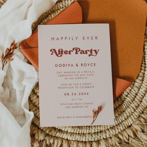 $2.95 | Stylish retro peach pink Happily ever after party | Wedding Invitations | happily ever after party, elopement, reception only, we eloped, boho, fall, retro vintage, elegant stylish, modern simple, pastel peach pink Fall Themed Invitations, Retro Wedding Invites, Retro Wedding Reception, Wedding Party Themes, Elopement Party Invitations, After Party Invitation, Vintage Theme Wedding, Wedding Celebration Invitation, Vintage Elopement