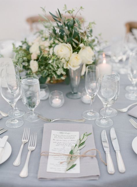 Photography: Diana McGregor - www.dianamcgregor.com  Read More: http://www.stylemepretty.com/2015/02/12/romantic-ivory-grey-ojai-valley-inn-wedding/ Grey Wedding Theme, Wedding Place Settings, Dusty Miller, Wedding Table Decorations, Gray Weddings, Wedding Table Settings, Wedding Tablescapes, Wedding Destination, Wedding Places