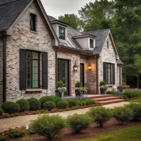 Wood Brick House Exterior, Black Trim Brick Exterior House, Light Brick House With Black Trim, Brick House In The Woods, Home Brick Exterior Ideas, Single Story Brick House Exterior, Black Trim Exterior House Brick Homes, Brick And Black House, Brick House With Black Accents