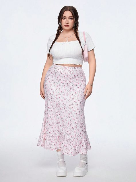 Pink Boho Collar  Knitted Fabric Plants,Ditsy Floral Flared Embellished Slight Stretch  Women Plus Clothing Early 2000s Plus Size Fashion, Midsize Women Fashion, Boho Summer Outfits Plus Size, Feminine Plus Size Outfits, Plus Size Girly Outfits, Pink Outfits Plus Size, Shein Outfits Plus Size, Plus Size Coquette Outfits, Plus Size Shein Outfits