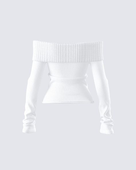 Nothing beats a chic and cozy look 🤍 Constructed from medium weight yarn fabric, featuring an off-shoulder design, a foldover top edge, and long sleeves - this white sweater top is a dream come true ☁️ White Coquette Sweater, Shoulderless Sweater, White Off Shoulder Sweater, Long White Sweater, White Knitted Sweater, White Sweater Top, Blue And White Outfits, Half Sweater, 2014 Style