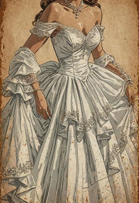 Regency Era Drawings, Prom Dresses Iconic, Vintage Dress Patterns Victorian, Victorian Dress Ideas, Victorian Women Drawing, White Prom Dress Inspiration, Victorian Prom Dresses, Vintage Inspired Prom Dresses, Wedding Dress Design Drawing