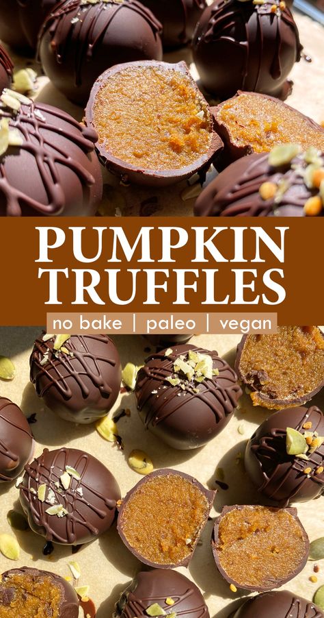 These healthy pumpkin truffles have a creamy pumpkin and date filling that's coated in a rich dark chocolate. They're the perfect no bake fall dessert! This pumpkin truffle recipe is gluten free, dairy free, paleo and vegan. Vegan Truffle Recipe, Healthy Pumpkin Truffles, Paleo Pumpkin Truffles, Non Dairy Thanksgiving Desserts, Halloween Healthy Treats, Paleo Fall Desserts, Paleo Halloween Treats, Paleo Truffles, No Bake Fall Desserts